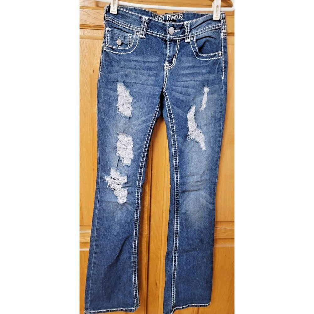 Almost Famous Always Fabulous Womens Distressed Boot Cut Jeans Size 5